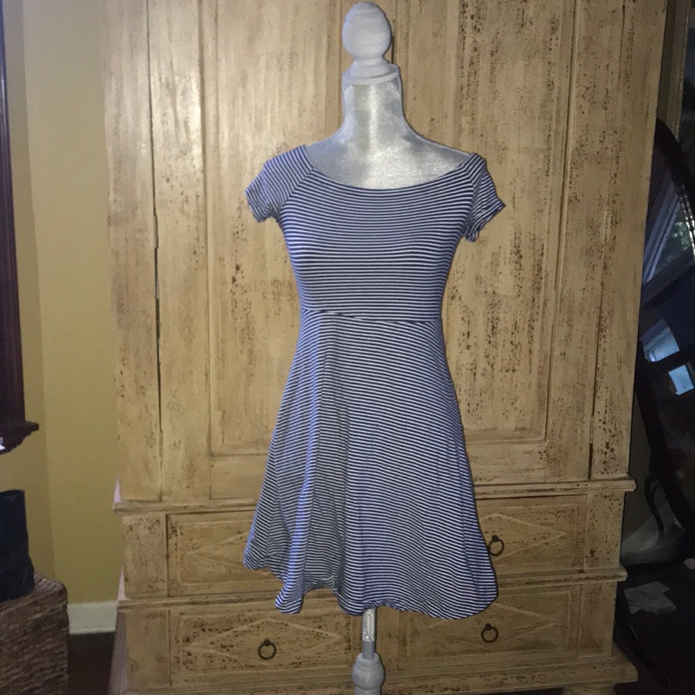 off the shoulder navy + white striped skater dress